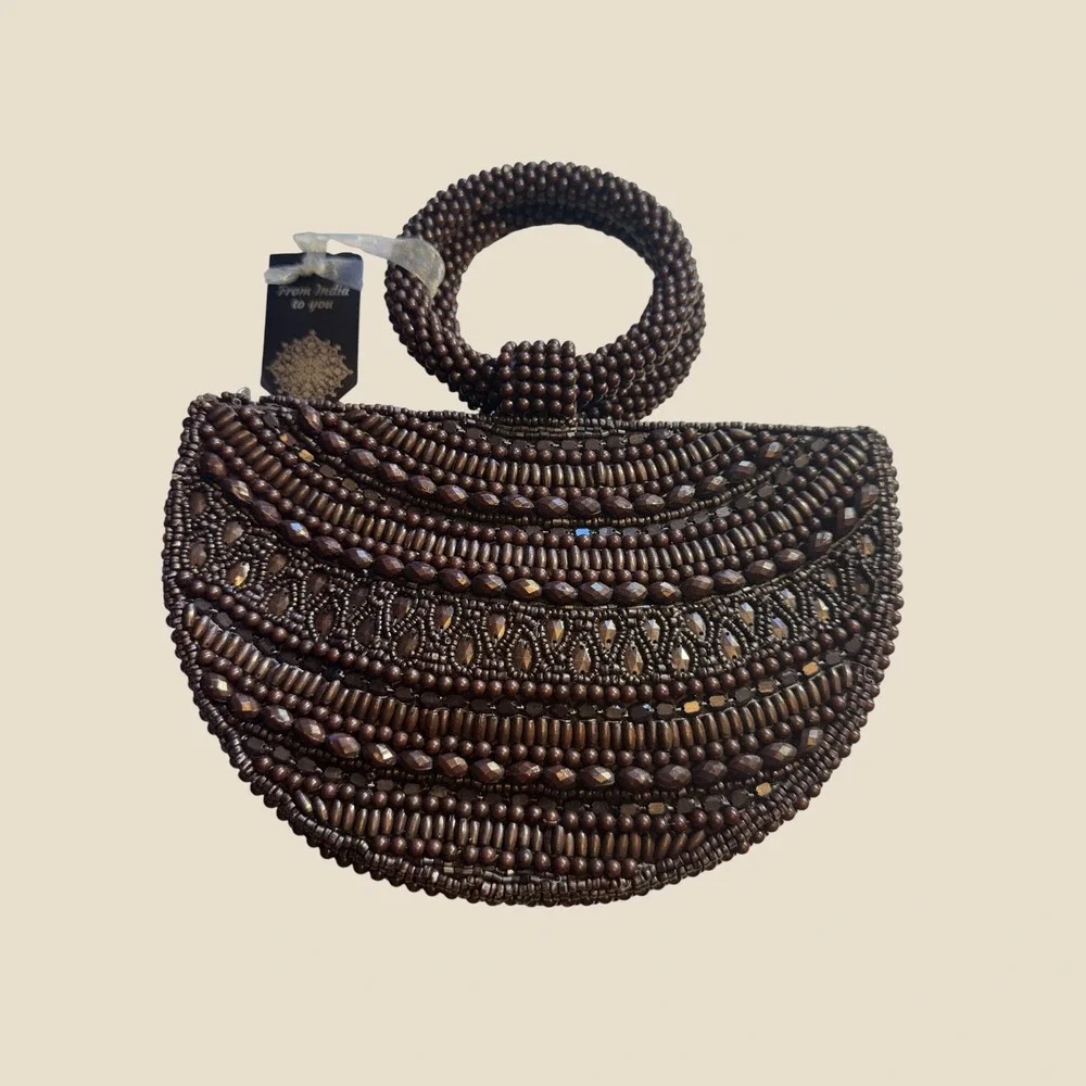 VIRAL small Bag From India Brown Beaded Clutch Handbag Hand Sewn Evening Bag NWT